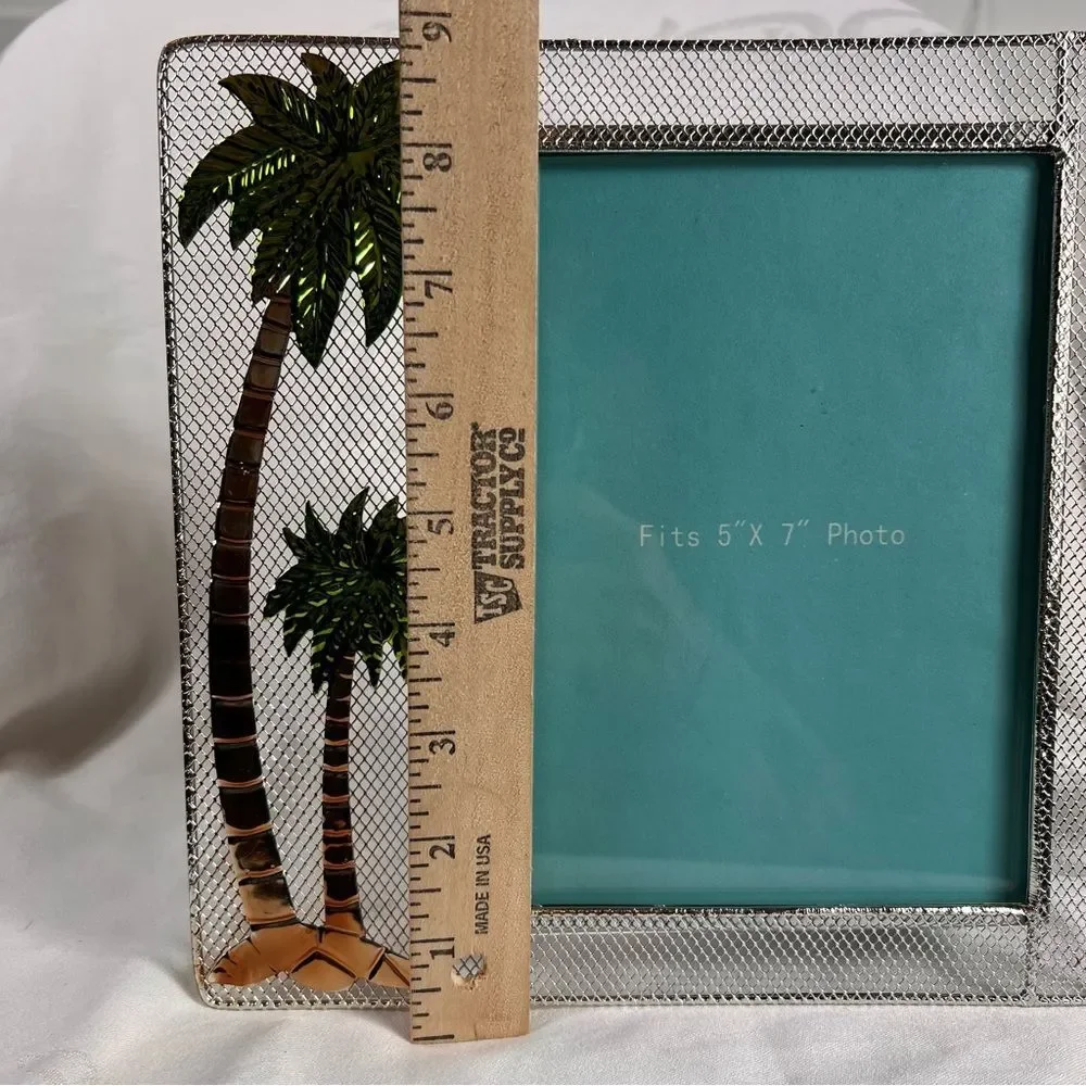Metal Shiny Tropical Palm Tree Photo Frame 5x7 Silver Green Vacation Memories